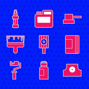 Sprey başlık, boya, guaj, kavanoz, boya, sarmal defter, paten fırçası ve kalem simgesini ayarlayın. Vektör