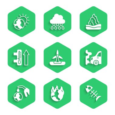 Rüzgar türbini, küresel ısınma ateşi, ölü balık, araba egzozu, gaz pompası başlığı ve küreyi, buzdağı ve ikonu ayarlayın. Vektör