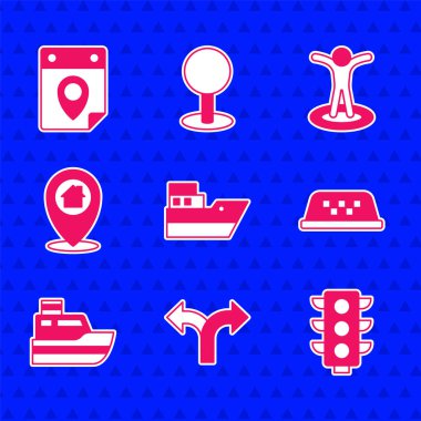 Gemi hattı yolu, trafik ışığı, taksi arabası çatısı, ev, kişi ve seyahat planlama takvimi simgesi olan konum. Vektör