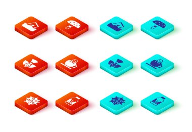 Bakteri, Zehirli hap, Radyoaktif, Kafataslı kahve fincanı, Sinek mantarı ve fıçı ikonu. Vektör