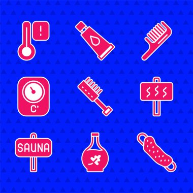 Sauna fırçası, temel yağ şişesi, çamaşır bezi, termometre, saç fırçası ve ikon. Vektör