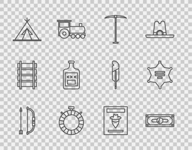 Yay ve oku ok kılıfına yerleştir, kağıt para, kazma, kantin su şişesi, Kızılderili çadırı ya da peruk, viski, aranan batı posteri ve Hexagram şerifi ikonu. Vektör