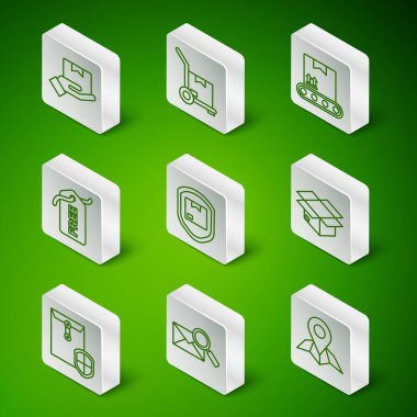 Satır tutucuyu harita kağıdına, zarfı büyüteçle, teslimat kutuları, güvenlik kalkanı, Price tag Free, Hand kamyoneti ve karton simgeyle ayarla. Vektör