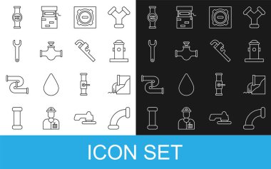 Hat hattı metalik boru, atık su, yangın musluğu, kanalizasyon kapağı ve valf, anahtarlık, su sayacı ve ayarlanabilir boru anahtarı ikonu. Vektör