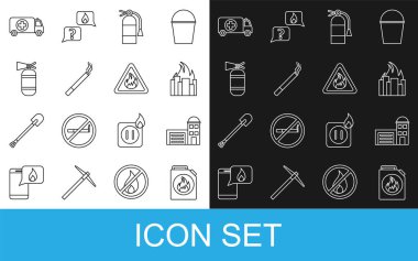 Yanıcı sıvılar, itfaiye binası, yanan binalar, yangın söndürücü, sigara, ambulans, acil durum arabası ve alev üçgeni ikonu için boru hattı kurun. Vektör