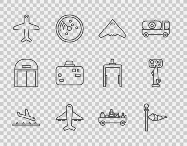 Uçak inişi, koni meteorolojisi rüzgar gülü, savaş uçağı, bavul, havaalanı bagaj çekme kamyonu ve dümen ikonu. Vektör