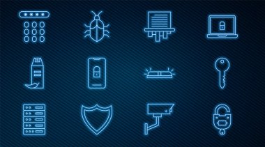 Kilit ve anahtarı ayarla, Anahtar, Kağıt öğütücü, Kapalı kilidi olan mobil, Biber gazı, Parola koruması, Flasher siren ve Sistem hata konsepti simgesi. Vektör