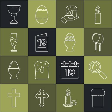 Paskalya pastası, arama ve paskalya yumurtası, kurdeleli balonlar, insan eli, tebrik kartı Happy, şarap kadehi, Hıristiyan kadehi ve ayakta ikonu. Vektör