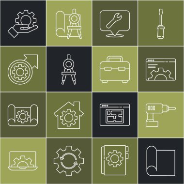 Mühendislik için çizgi grafikleme kağıdı, tarayıcı ayarı, anahtar anahtarlı konum, pusula, dişli ve ok çizim çalışma süreci, el ve araç kutusu simgesini ayarlar. Vektör