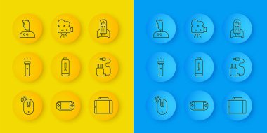 Kablosuz bilgisayar faresi, El feneri, Batarya şarj seviyesi göstergesi, Grafik tableti, atari makinesi için Joystick, Telefon ve Retro sinema kamerası ikonu ayarla. Vektör