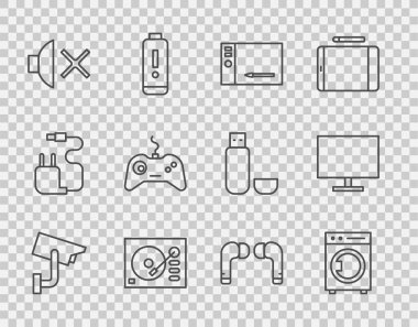 Hat güvenlik kamerası, çamaşır makinesi, grafiksel tablet, vinil çalar, hoparlör sessiz, Gamepad, hava kulaklıkları ve bilgisayar monitörü simgesi ayarla. Vektör