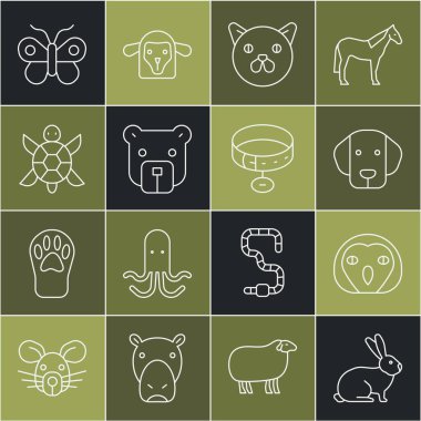 Sabit çizgi, Baykuş kuşu, Köpek, Kedi, Ayı kafası, Kaplumbağa, Kelebek ve Yaka isimliği ikonlu. Vektör