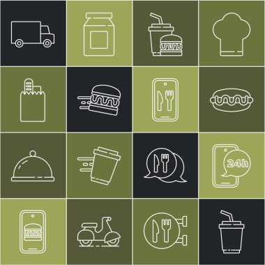 Sulu kağıt bardak, yiyecek siparişi, Hotdog sandviçi, burger, online dağıtım, arabayla ve ikonla hızlı. Vektör