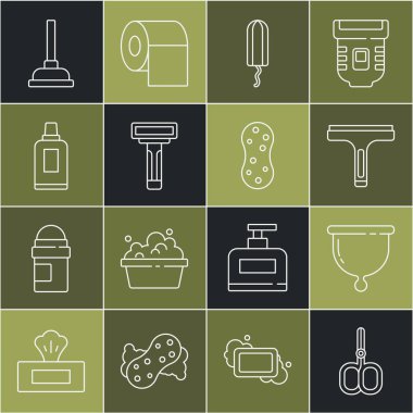 Tırnak makası, adet kupası, lastik temizleyici, hijyenik tampon traş bıçağı, temizlik malzemesi, pompa ve sünger ikonu için şişe. Vektör