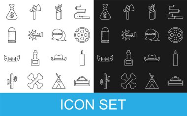 Hat bar kapısı, dinamit bombası, Revolver silindiri, oklu Quiver, mahmuz, kurşun, para çantası ve bang boom, silah çizgi roman ikonu. Vektör