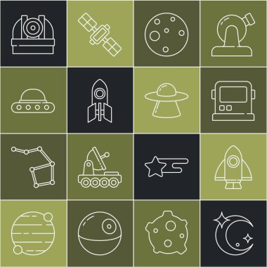 Ay ve yıldızlar, roket gemisi, astronot miğferi, Mars gezegeni, UFO uçan uzay gemisi, astronomik gözlemevi ve ikon. Vektör
