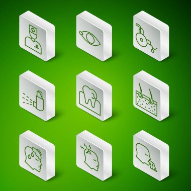 Kusan adam, baş ağrısı çeken adam, bakterili diş, astım ilacı, körlük, yüksek vücut sıcaklığı ve cilt ikonunu örten saç. Vektör