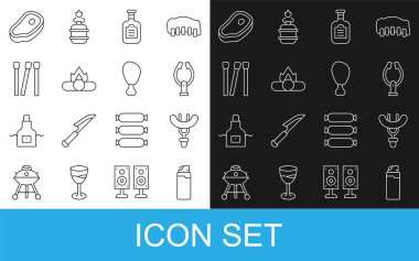 Çizgi çakmak, çatalda sosis, et maşası, sos şişesi, kamp ateşi, kibrit, biftek ve tavuk budu ikonu. Vektör