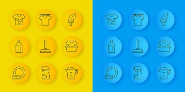 Halat yıkama, temizlik malzemesi şişesi, temizleme pompası, pudra, gömlekli leğen, kirli tişört, temiz pencereler ve kurutma ikonu. Vektör