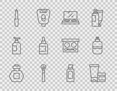 Parfüm, krem veya losyon kozmetik tüpü, aynalı makyaj tozu, fırça, tırnak törpüsü, saç spreyi ve ikon için sprey kutusu. Vektör