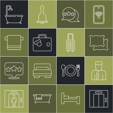 Lift, Concierge, Yastık, 5 yıldızlı değerlendirme, Bavul, Havlu askısı, duş ve ikonlu küvet. Vektör