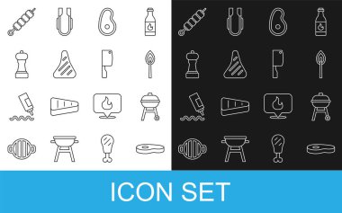 Biftek, ızgara ızgara, ateşle yanan kibrit, biber, ızgara şiş kebap ve et doğrayıcı ikonu. Vektör