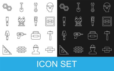 Hat tuğlaları, Çekiç, Elektrik prizi, İngiliz anahtarı, Yol bariyeri, Rasp metal dosyası, altıgen fındık ve boya fırçası simgesi. Vektör