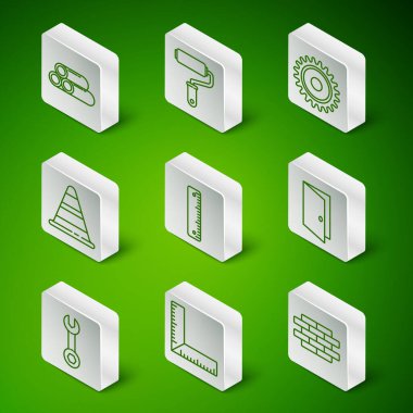 Hat tuğlaları, köşe cetveli, endüstriyel metalik boru, cetvel, trafik konisi, boya fırçası, İngiliz anahtarı ve kapalı kapı simgesi. Vektör