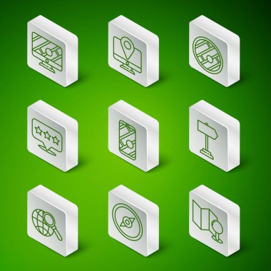 Çizgiyi pusula, pusula, monitör konum işaretleyicisi, şehir navigasyonu, harita işaretçisi, büyüteç küresi ve trafik işareti simgesi ile ayarla. Vektör