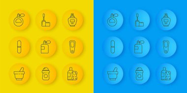 Havan topu ve tokmak, tırnak törpüsü, parfüm, şampuan süngeri, el aynası ve Mascara fırça ikonu. Vektör