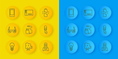 Fikir konsepti, akıllı gözlükler, şarj aleti, telefon, mikrofon, akıllı telefon, cep telefonu, bozuk pil ve grafiksel tablet ikonu ile hat ampulünü ayarlayın. Vektör