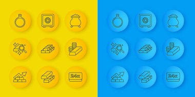 Altın külçeli çizgi büyüyen ok, altın, deste kağıt para, 24 bin, bozuk para, yüzük, erimiş maden ve güvenli ikon. Vektör