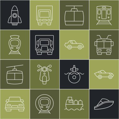 Hız teknesi, araba, tramvay, kablo, kargo kamyonu, tramvay ve demiryolu, roket gemisi ve ikon. Vektör