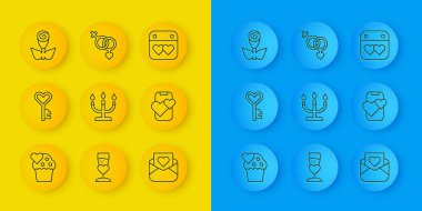 Set hattı düğün pastası, anahtar kalp şekli, şamdan, sevgililer günü zarfları, arkadaşlık uygulaması, çiçek gülü, takvim ve cinsiyet simgesi. Vektör