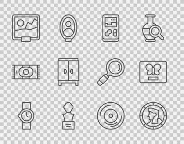 Bilek saatini ayarla, Kadim parası, taşınabilir video oyun konsolu, alçıtaşı heykel büstü, resim, gardırop, vinil disk ve kelebek çerçeve simgesi. Vektör