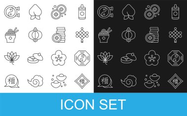 Çin Yeni Yılı, Yin Yang sembolü, kağıt fener, Yuan parası, Asya erişte kasesi ve ikon. Vektör