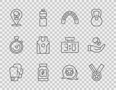 Çizgili boks eldiveni, madalya, ağız koruyucusu boksörü, enerji içeceği, forma ve tişört, miğfer ve ikon. Vektör