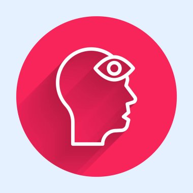 Üçüncü göz ikonuna sahip beyaz çizgi adamı uzun gölgeyle izole edildi. Meditasyon konsepti, enerji vizyonu, aura. Kırmızı daire düğmesi. Vektör.