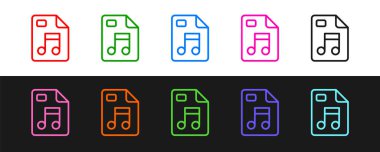 Satır MP3 dosya belgesini ayarla. Siyah ve beyaz arkaplanda izole edilmiş mp3 düğmesi simgesi indir. Mp3 müzik format işareti. MP3 dosya sembolü. Vektör.