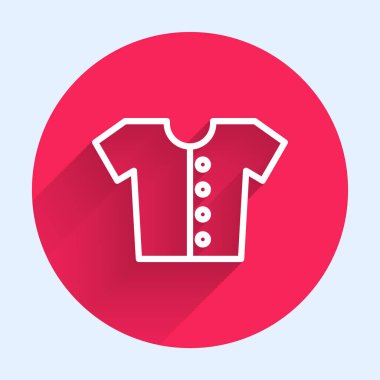 Beyaz çizgi bebek tişörtü ikonu uzun gölge arkaplan izole. Bebek kıyafetleri sembolü. Çocuk giyimi tabelası. Kırmızı daire düğmesi. Vektör
