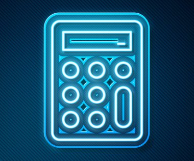 Parlayan neon hattı hesap makinesi simgesi mavi arkaplanda izole edildi. Muhasebe sembolü. İş hesaplamaları matematik eğitimi ve finans. Vektör