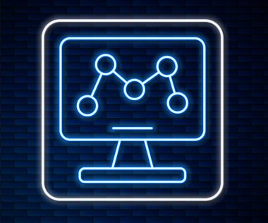 Laptop ikonundaki parlak neon hattı genetik modifikasyonu tuğla duvar arka planında izole edildi. DNA analizi, genetik testler, klonlama. Vektör