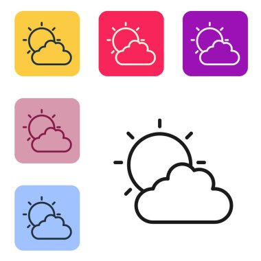 Siyah çizgi güneşi ve bulutlu hava durumu ikonu beyaz arkaplanda izole edildi. Renkli kare düğmelerle simgeleri ayarla. Vektör