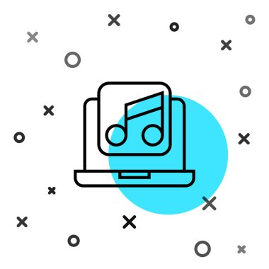 Beyaz zemin üzerinde müzik notası sembolü olan siyah çizgi dizüstü bilgisayar. Rastgele dinamik şekiller. Vektör