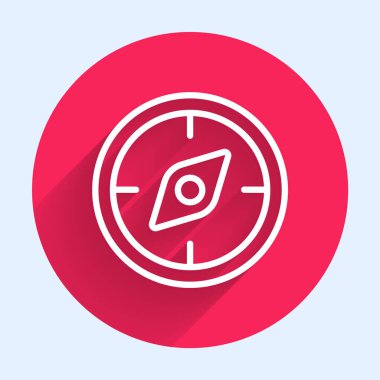 Beyaz çizgi pusula simgesi uzun gölge arkaplanı ile izole edildi. Rüzgâr yön bulma sembolü. Rüzgar gül işareti. Kırmızı daire düğmesi. Vektör