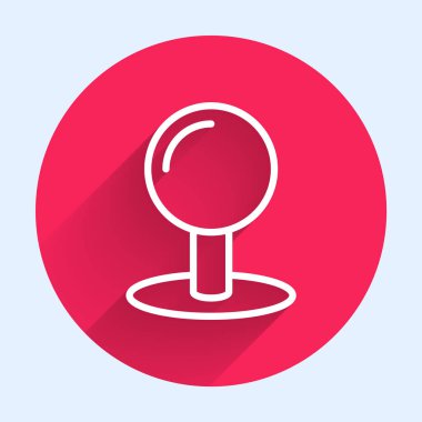 White line Push pin icon isolated with long shadow background. Thumbtacks sign. Red circle button. Vector