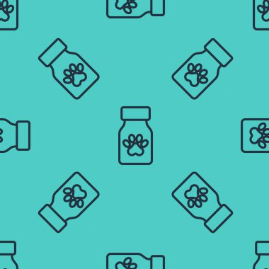 Siyah çizgi ilaç şişesi ve ilaç ikonu yeşil arka planda izole edilmiş kusursuz desen. İçinde haplar olan konteynır. Hayvan için reçeteli ilaç. Vektör