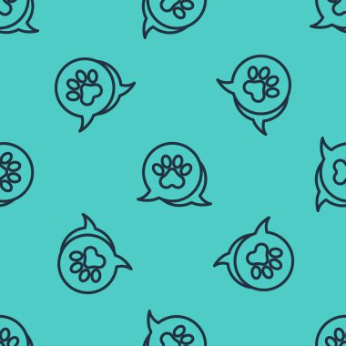 Siyah çizgi Paw yazdırma simgesi yeşil arkaplandaki kusursuz deseni izole etti. Köpek ya da kedi pençesi izi. Hayvan izleri. Vektör