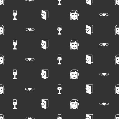 Romantik kız, kanatlı kalp, bir kadeh şampanya ve kusursuz bir sevgililer günü broşürü. Vektör