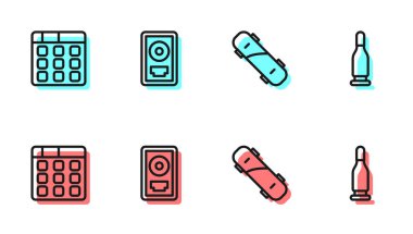 Satır kaykayı, Bateri makinesi müziği, CD disk ödül çerçevesi ve Bullet simgesi ayarla. Vektör